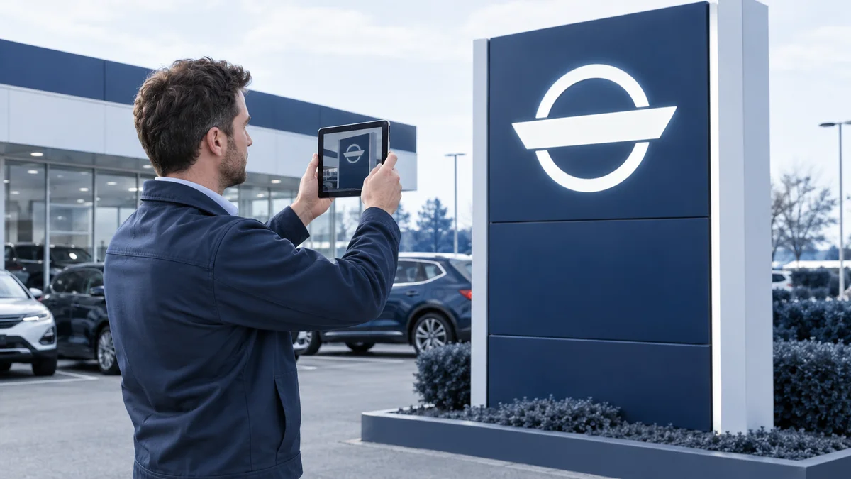 Dealer service manager photographing a signage panel with a tablet for a pre-visit checklist
