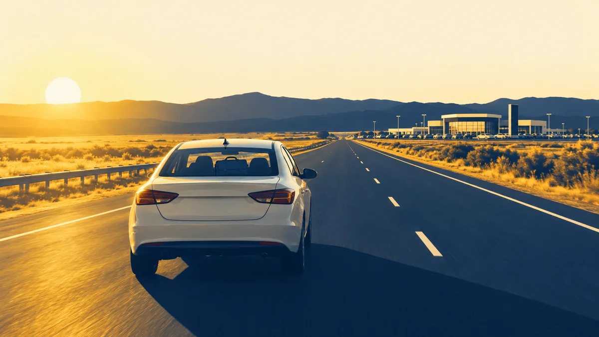 Field auditor's car on a long highway toward a distant dealership at dusk