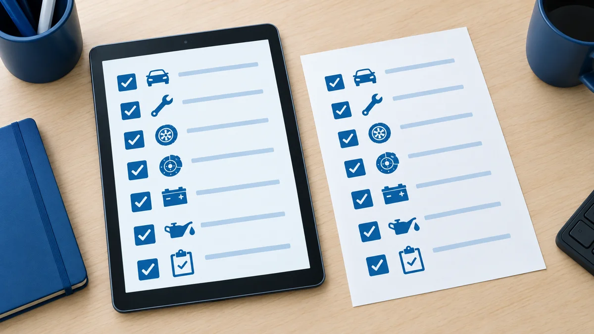 Tablet showing a structured self-assessment form beside a printed checklist in a dealership service office