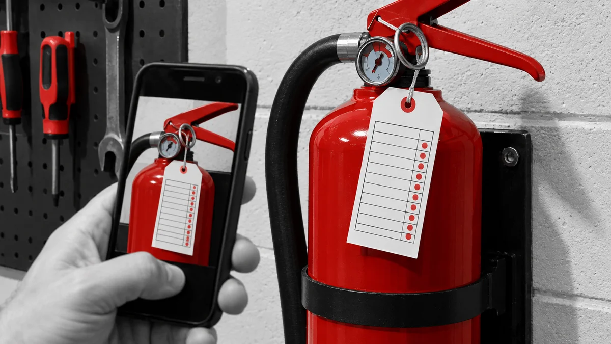 Hand holding a phone to photograph a fire extinguisher service tag
