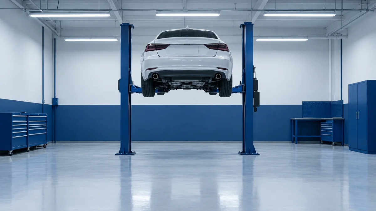 Two-post vehicle lift raised in a service bay awaiting an on-site inspection