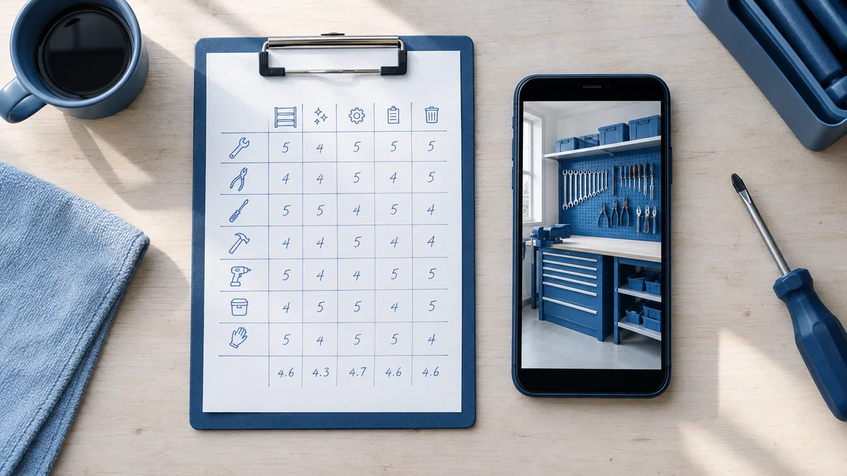 A paper 5S scoresheet and a smartphone showing a photo of a tidy tool bay side by side on a workbench