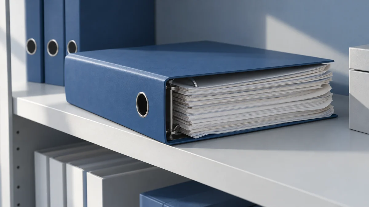 A stack of filed paper audit sheets in a binder on a shelf beside a laptop with a blank spreadsheet
