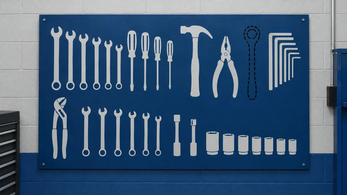 A technician's tool shadow board with one outlined gap where a wrench is missing