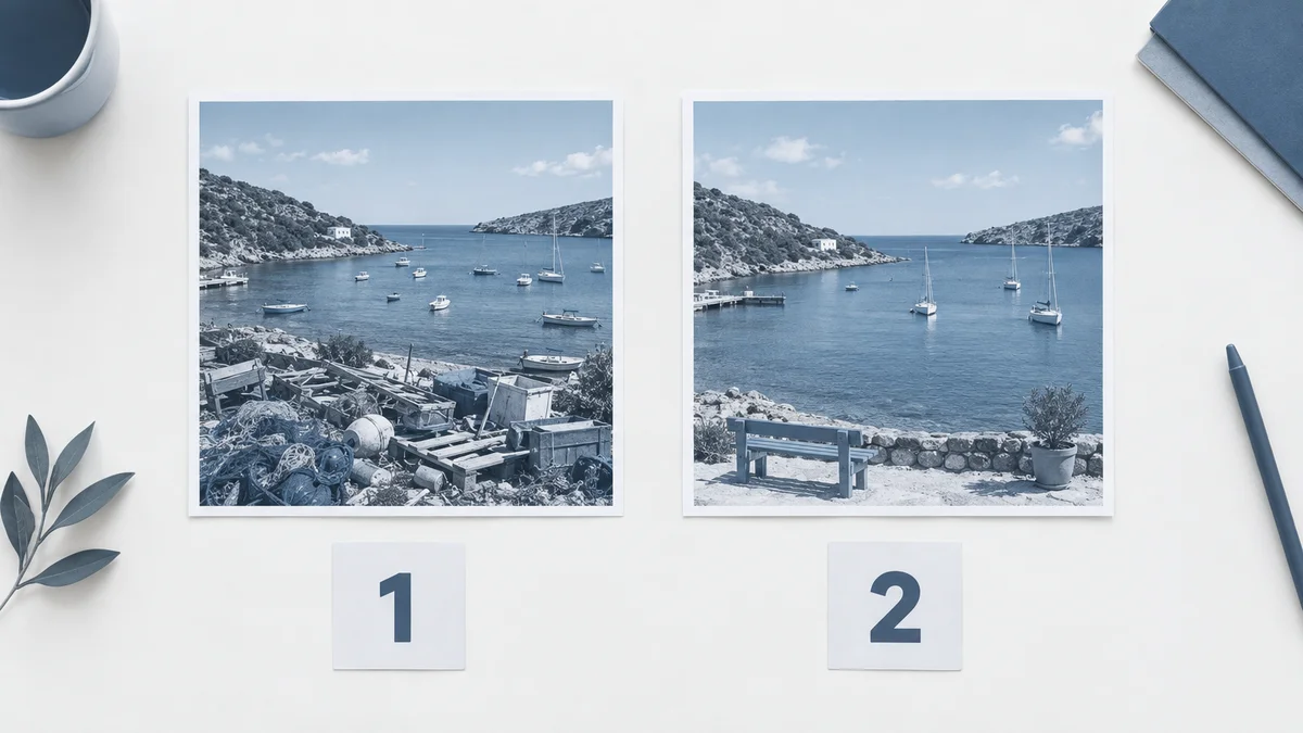 Two printed photos of a workshop bay, one cluttered and one organised, with score cards 2 and 4 beside them