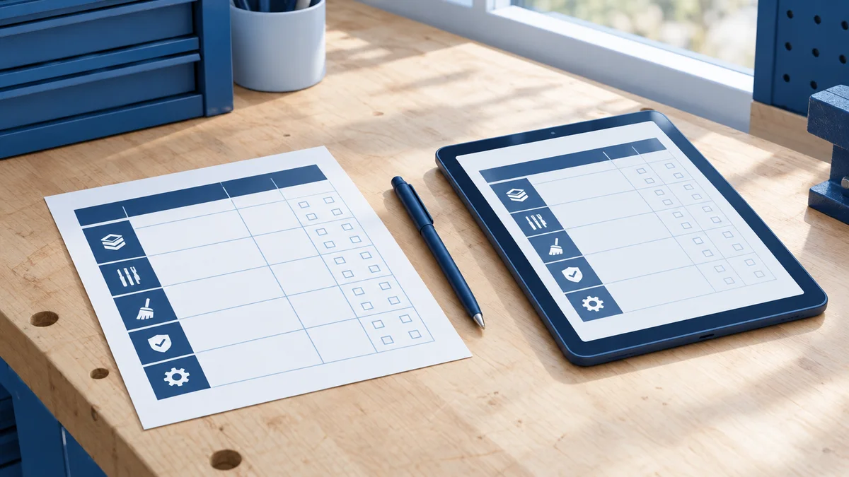 A paper scoresheet and a tablet on a bench with a pen, representing a parallel run of paper and digital audits
