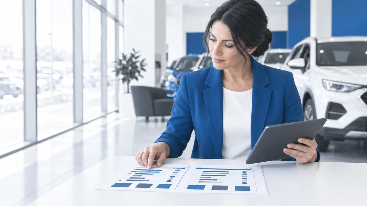Network quality manager comparing a printed audit scorecard with a tablet in a dealership showroom