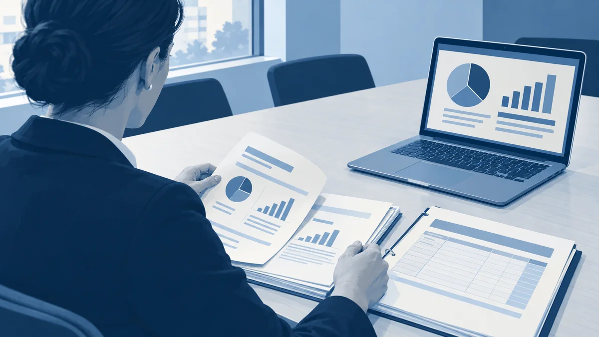 Stack of printed slide decks and a laptop showing a structured audit record on a meeting-room table