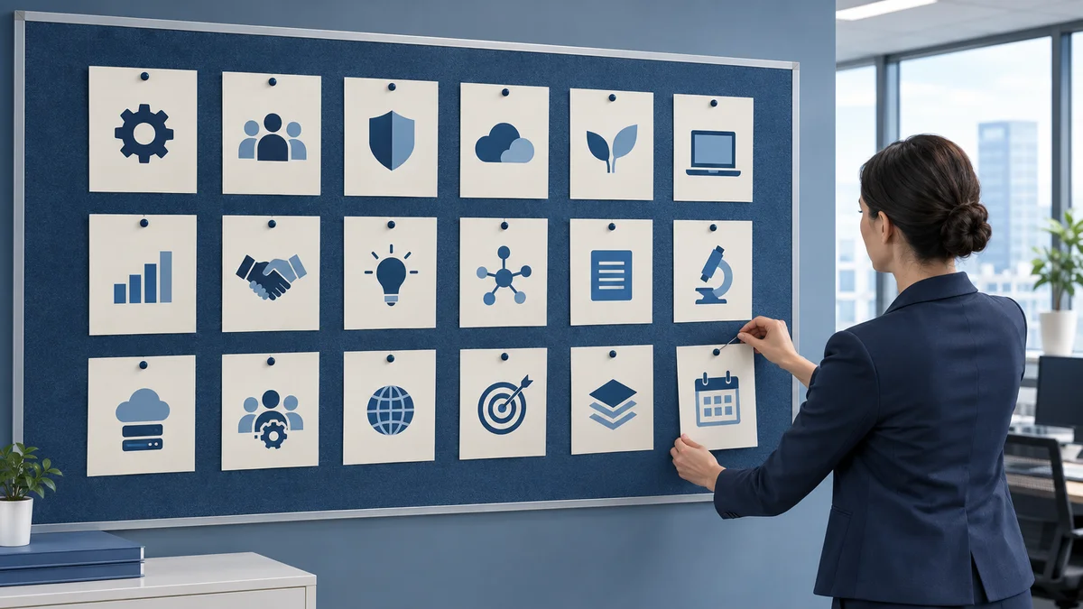 Whiteboard with seventeen labelled programme cards being arranged by a standards manager