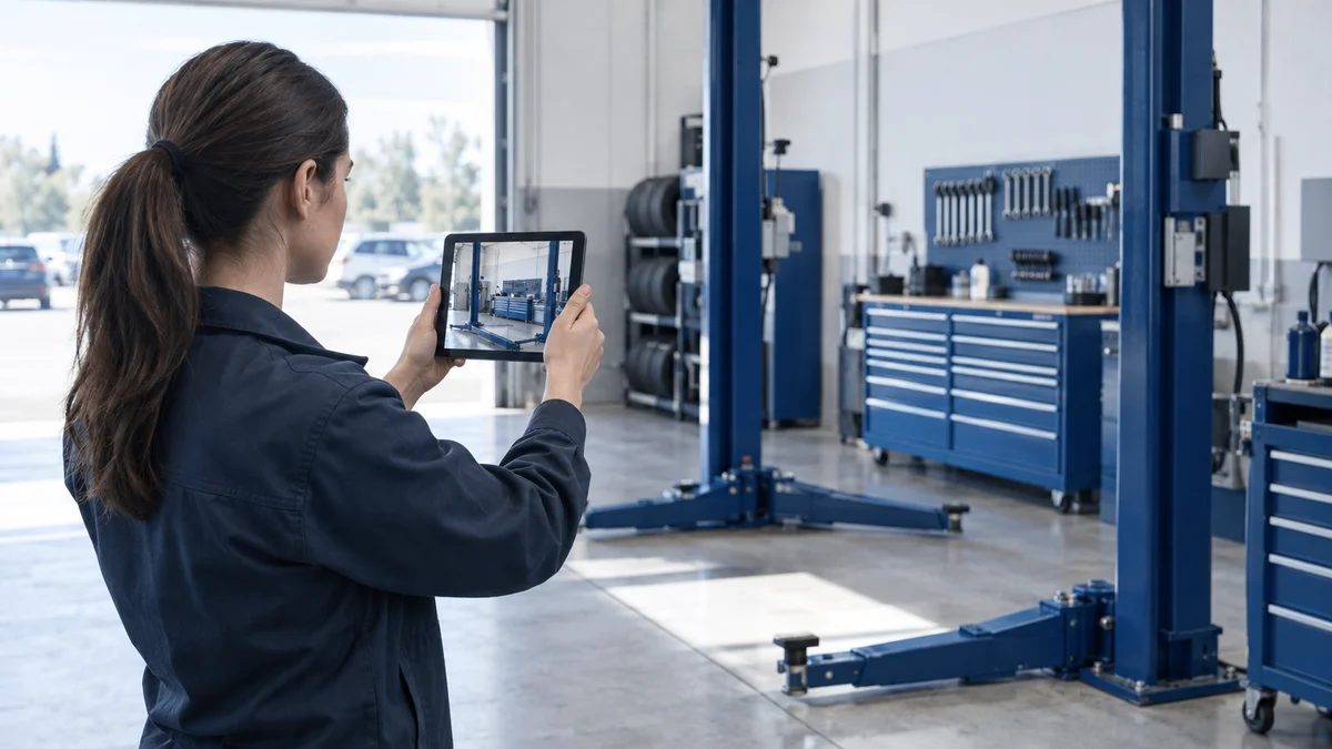 Field auditor checking a service bay with a tablet while a dealer manager looks on