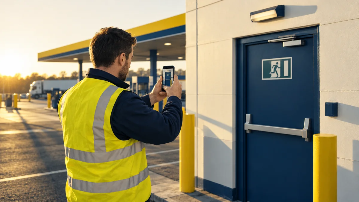 Safety auditor in a high-visibility vest photographing a fire exit at a remote fuel and service site