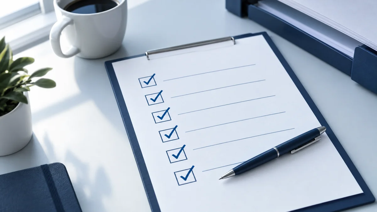 Pen tip resting beside a ticked checkbox grid on a printed audit sheet