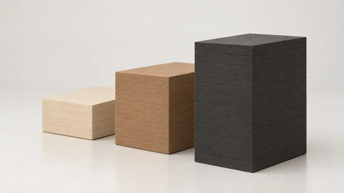 Three stacked cardboard tiles of increasing height on a bench representing three criterion levels