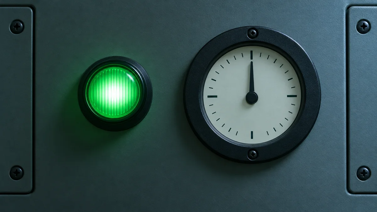 A steady green indicator lamp beside a flat gauge needle on a panel