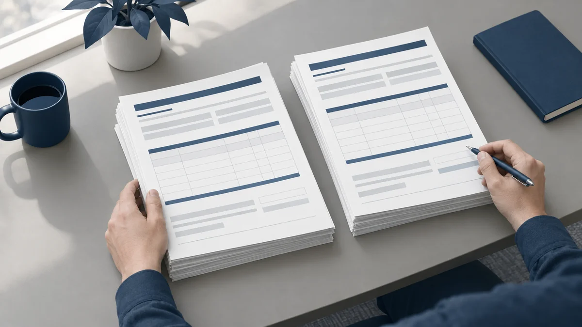 Two sorted piles of paper forms on a desk, one pile taller than the other