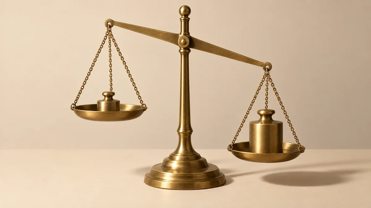 A balance scale holding a small weight on one side and a larger weight on the other