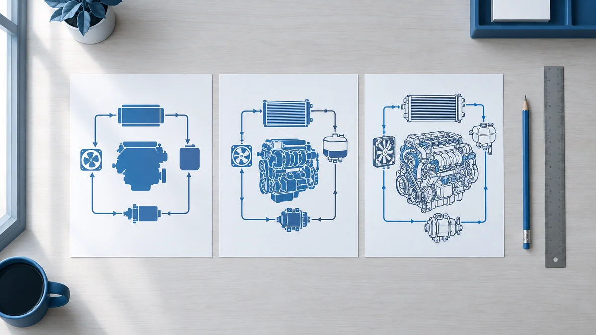 Top-down view of three paper process maps of increasing detail on a workshop bench
