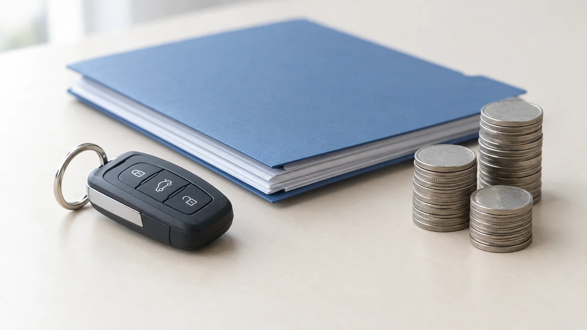 Flat-lay of a vehicle key fob, service invoice folder and a small stack of coins on a clean surface