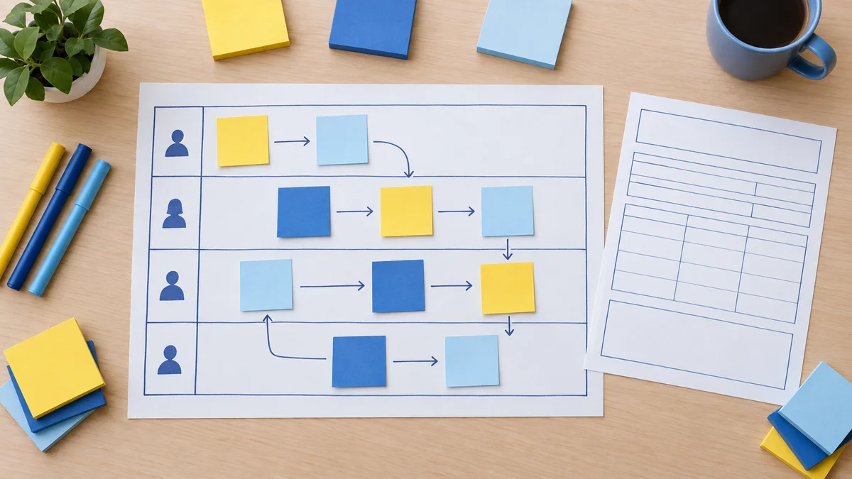 Swimlane diagram drawn on paper with coloured sticky notes and a paper repair order beside it
