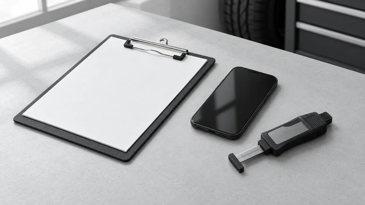 Inspection checklist clipboard with a smartphone showing a blank photo frame and a tyre tread gauge
