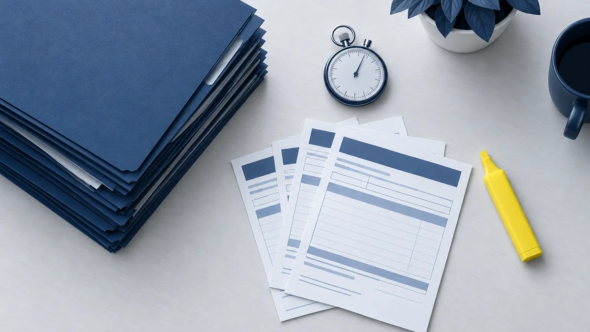 Clipboard with closed repair orders, a stopwatch and a highlighter marking sampled documents