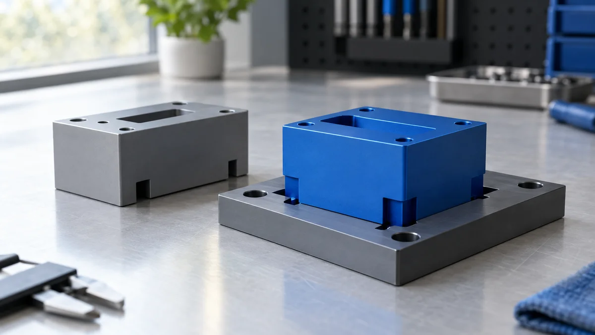 A generic grey model block beside a custom-fitted blue component on a workbench
