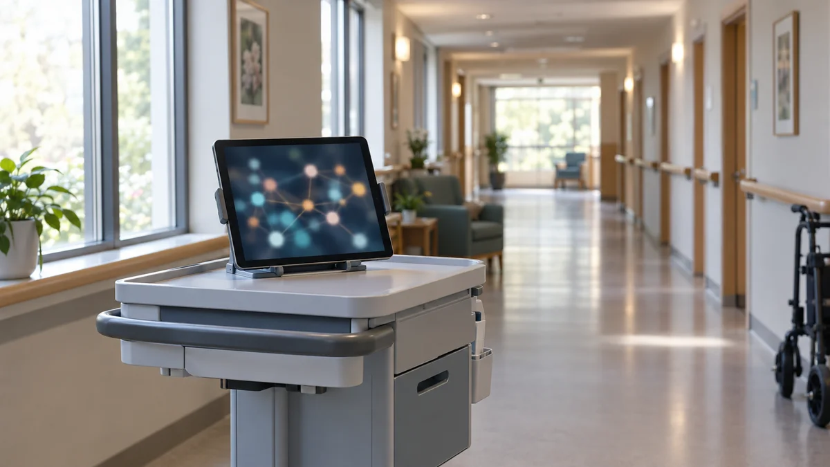 A tablet on a trolley in an aged-care corridor showing an abstract workflow diagram