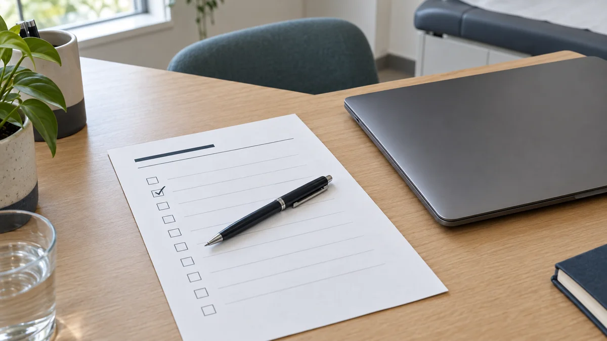 A clinician's desk with a printed consultation checklist and a closed laptop