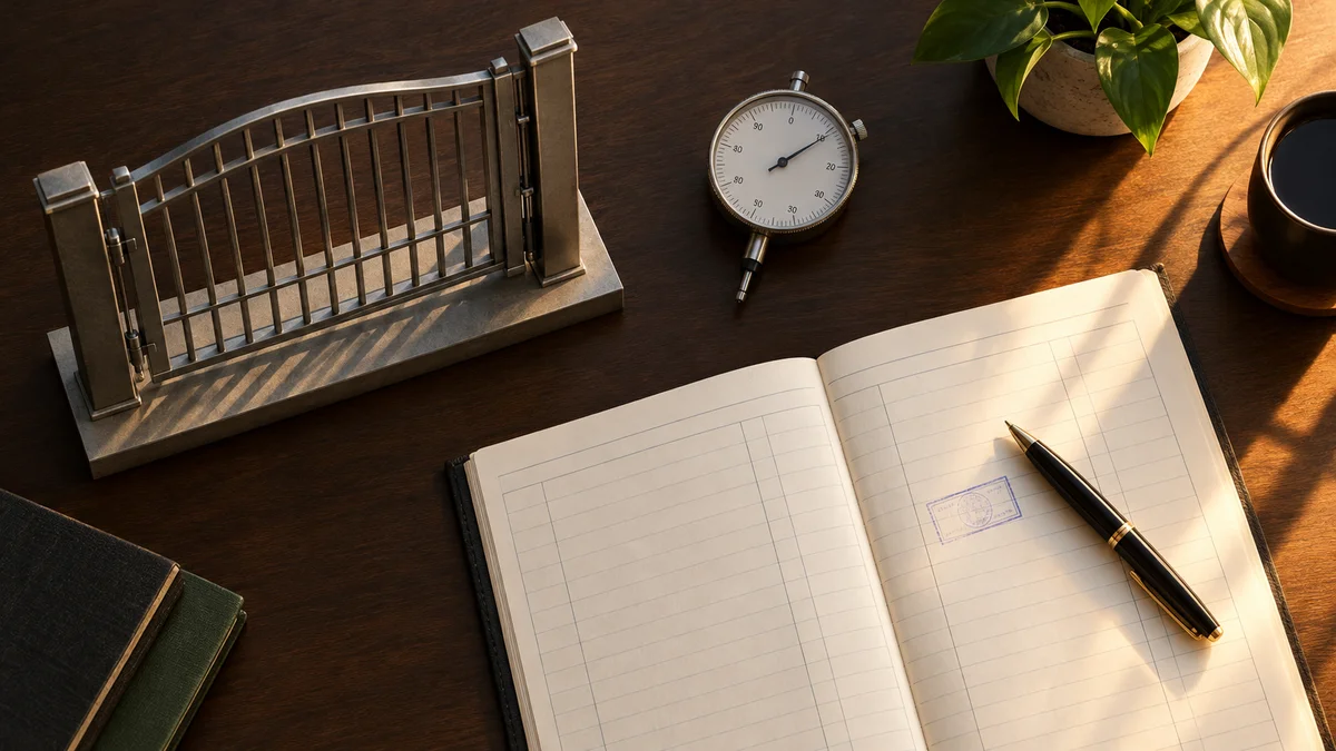 A rule-based gate and a scoring dial feeding one ledger book on a desk