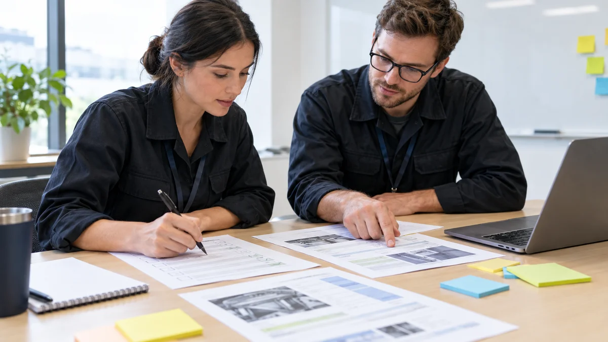 Two engineers reviewing printed code audit pages on a table in a meeting room