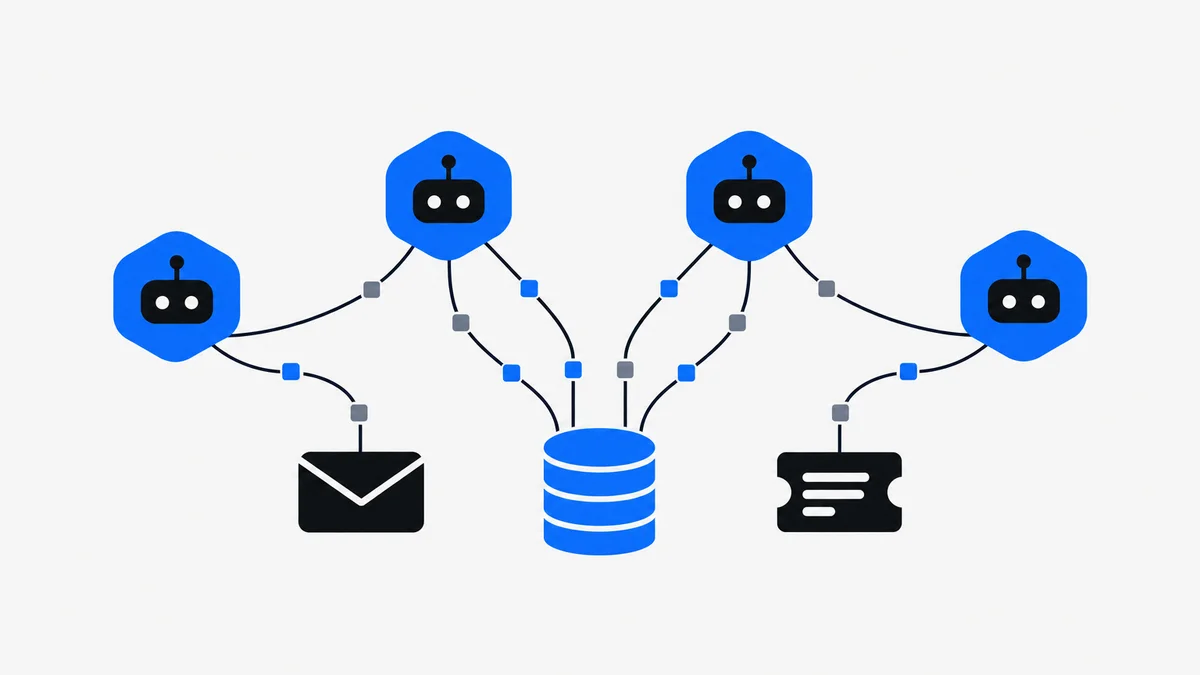 Flat illustration of several software agents as geometric nodes connected to tools and databases