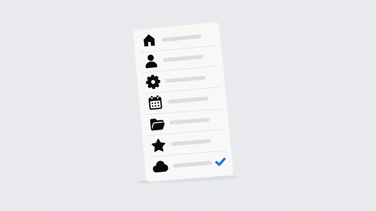 Flat illustration of a ledger page with seven stacked rows each marked by a distinct geometric icon