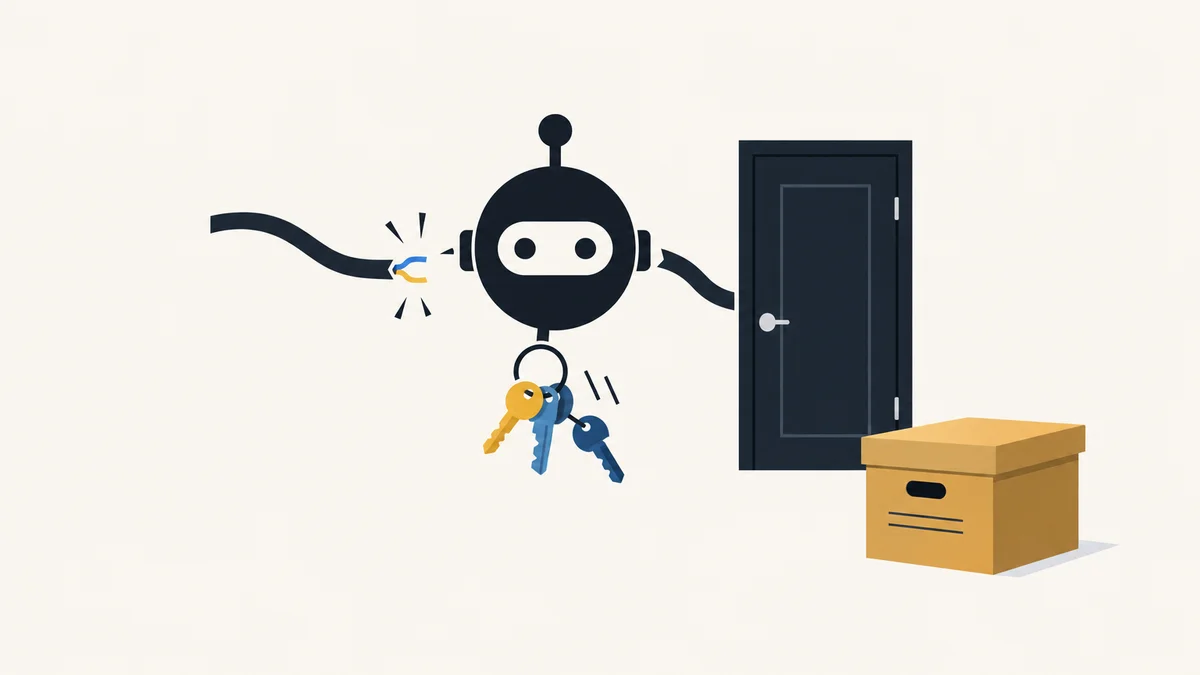 Flat illustration of an agent node being disconnected from keys and a door while its record is archived