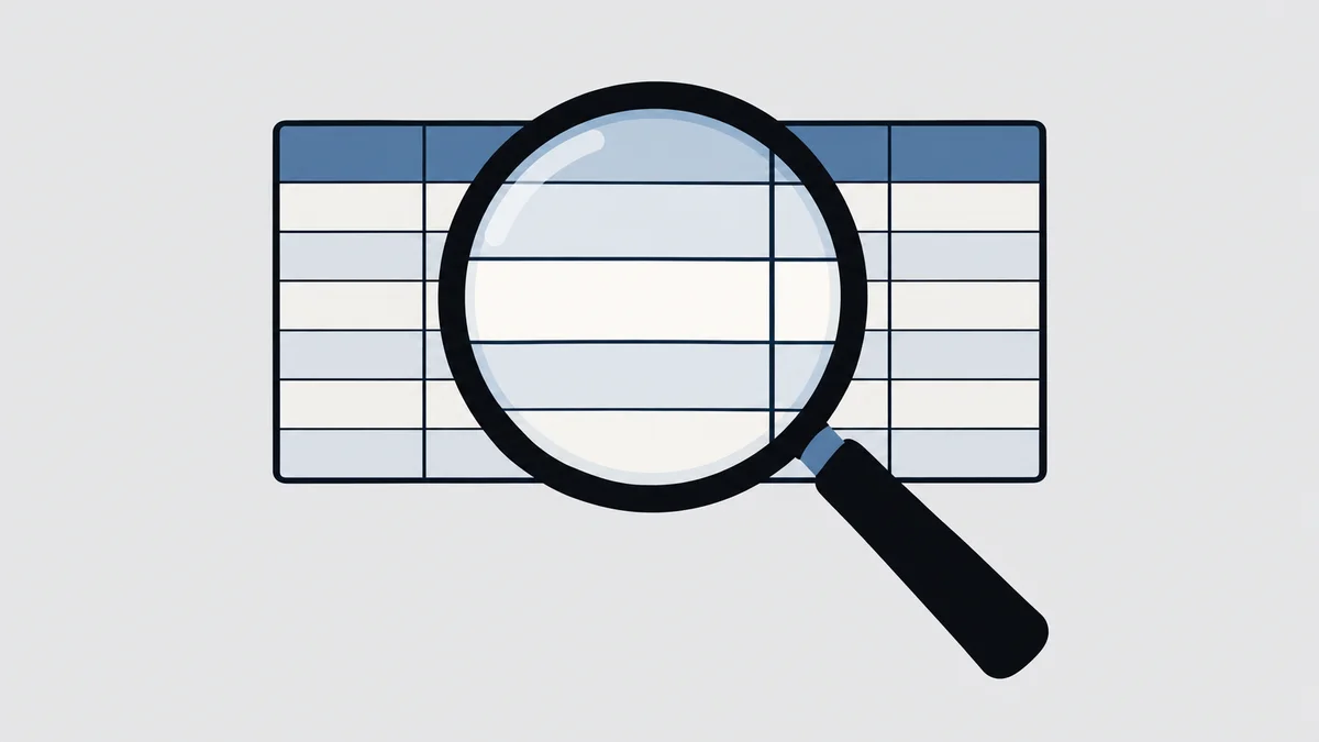 Flat illustration of a magnifying lens over a ledger with an empty gap in one row