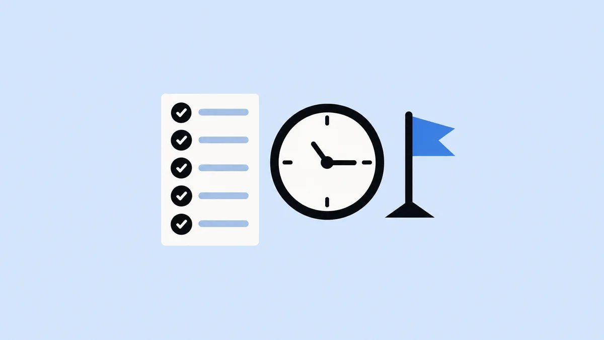 Flat illustration of a five-item checklist beside a stalled clock on a blue background