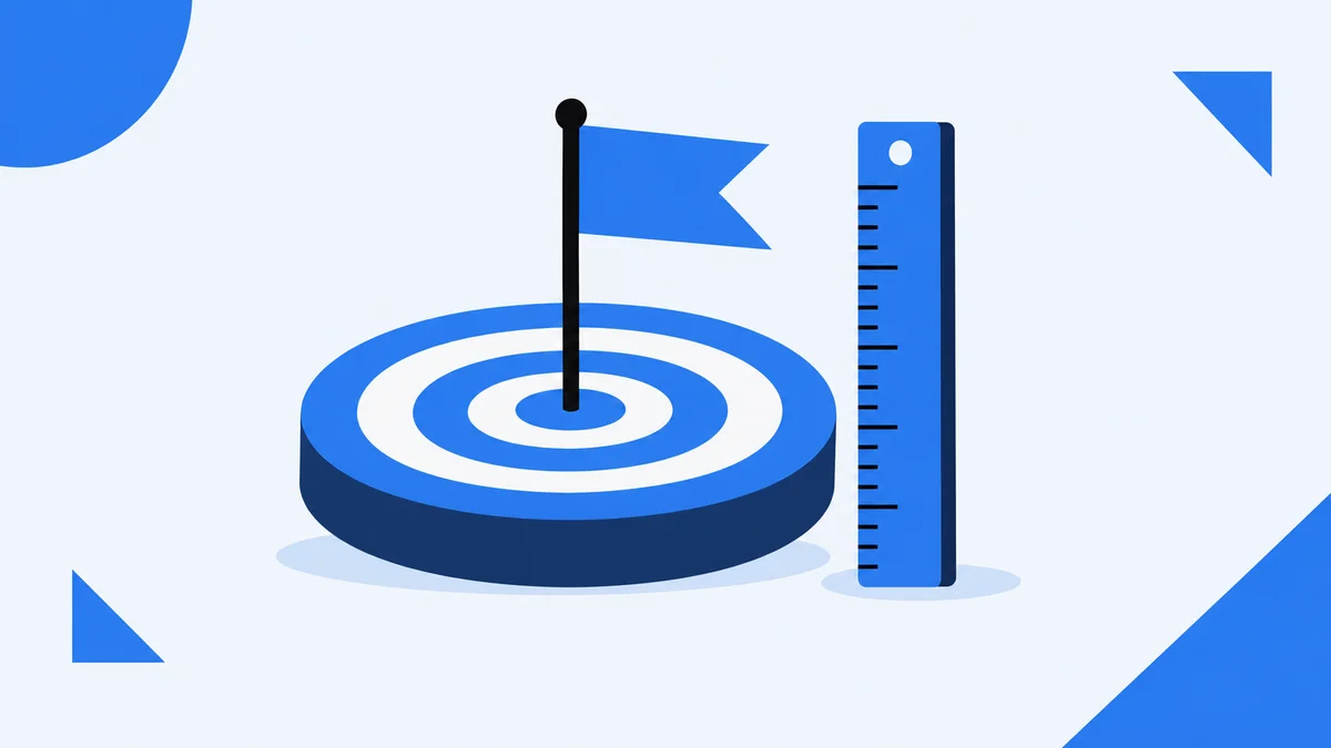 Flat illustration of a target with a dated flag and a measuring ruler showing a defined outcome