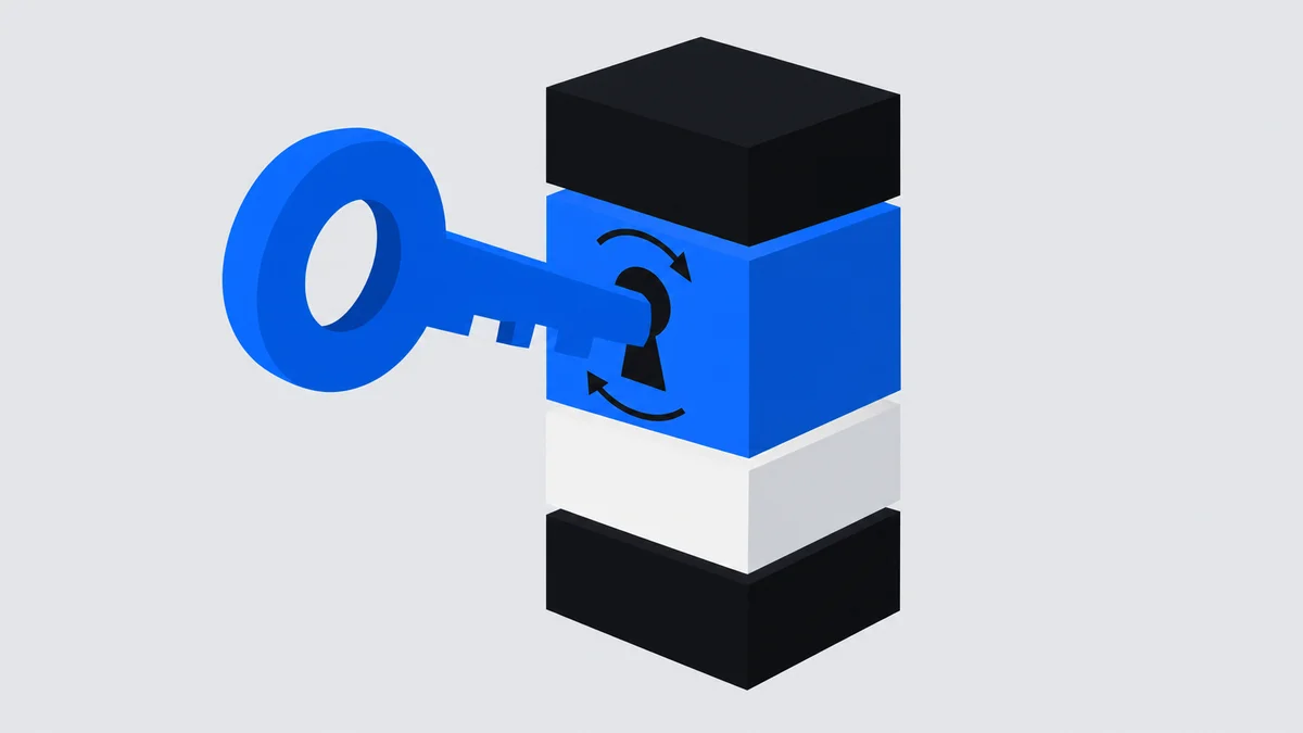 Flat illustration of a large key unlocking a stack of code blocks