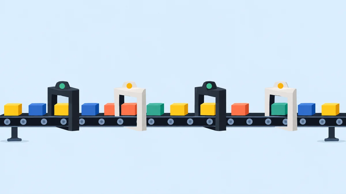 Flat illustration of one continuous conveyor carrying blocks from discovery to release
