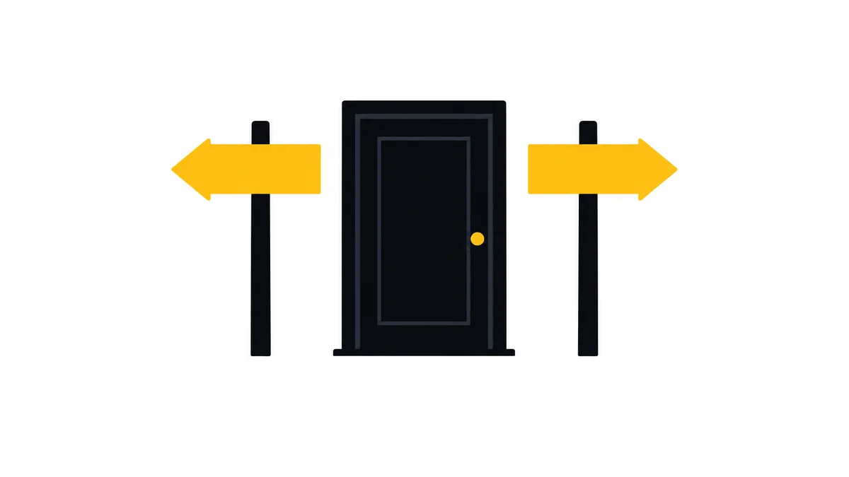 Flat illustration of a closed door beside a signpost pointing to two different paths