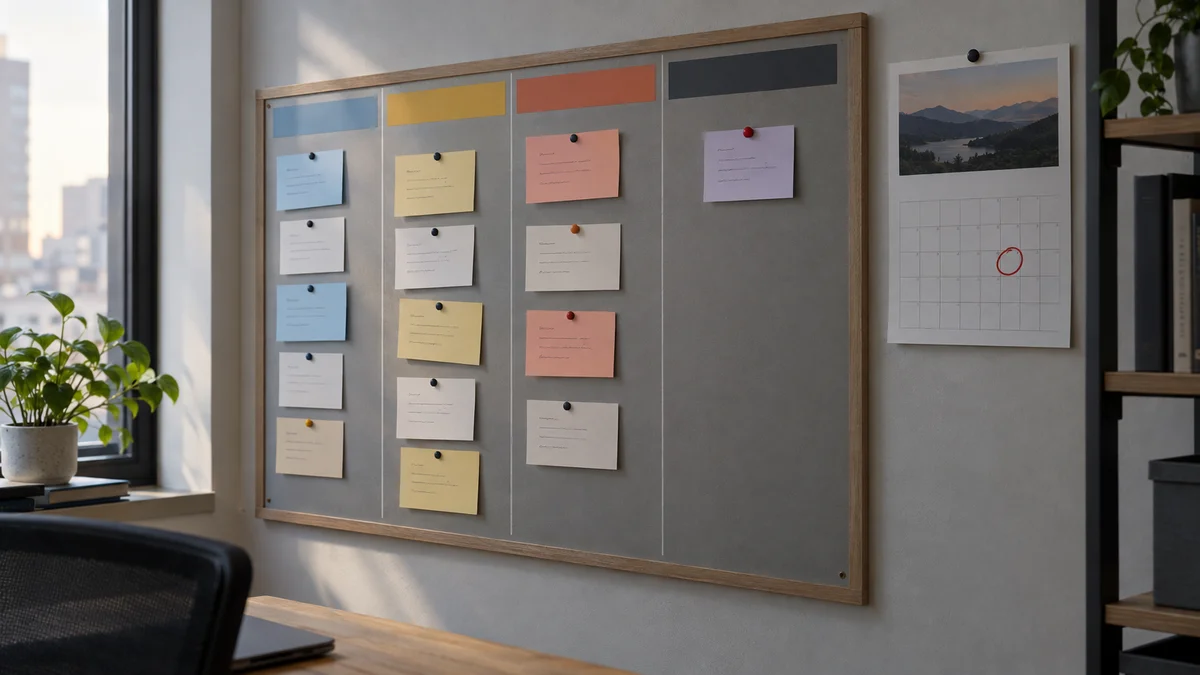 Stalled project board with unfinished cards beside a calendar with a missed date circled