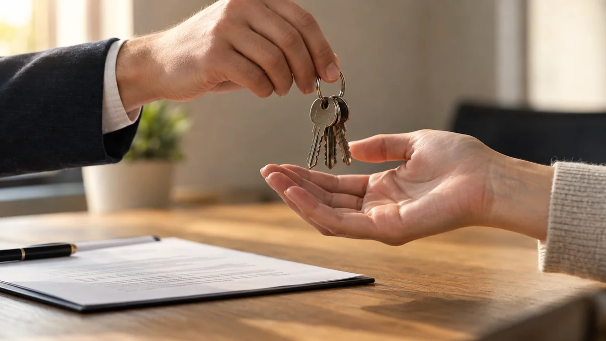 A ring of metal keys passing from one hand to another beside a handover document