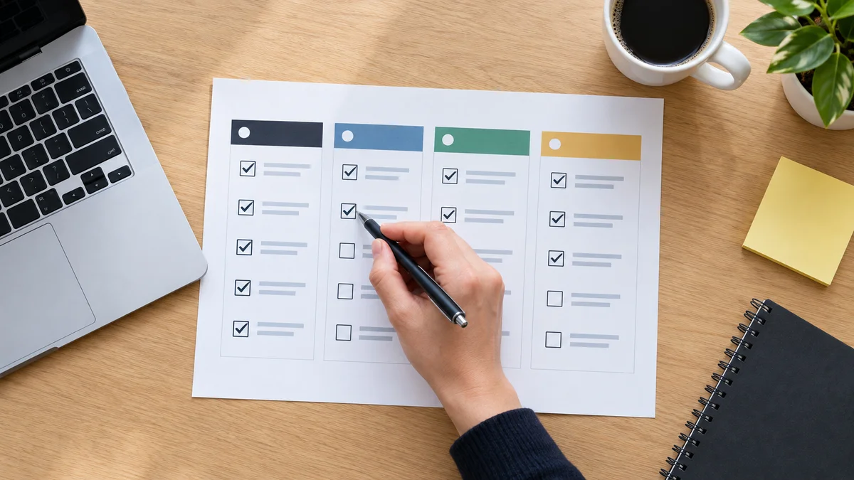 A printed week-by-week delivery plan with checked boxes beside a laptop showing a release checklist