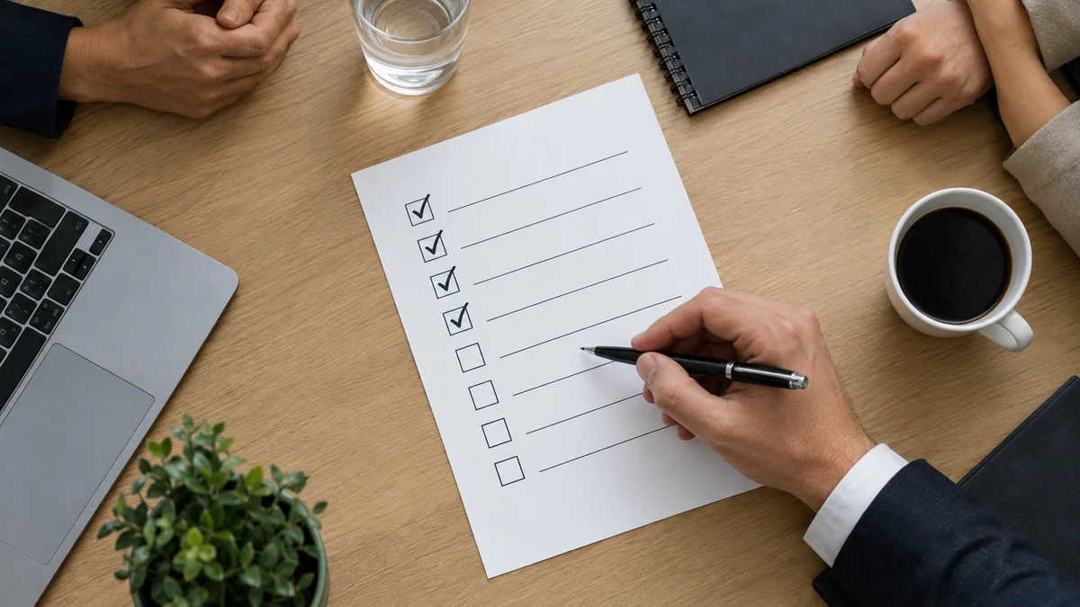 A pen held over a printed vendor evaluation checklist with several rows ticked