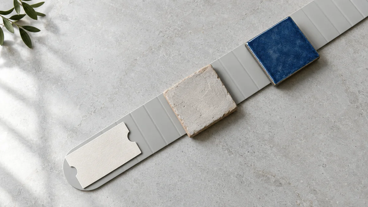 Top-down view of a paper ticket card beside a half-finished tile and a finished blue tile on a pale strip