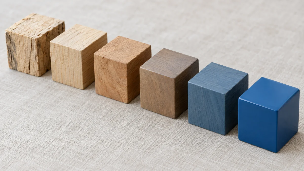 Six unlettered wooden blocks in a row, each in a different stage of finish, on a light linen surface