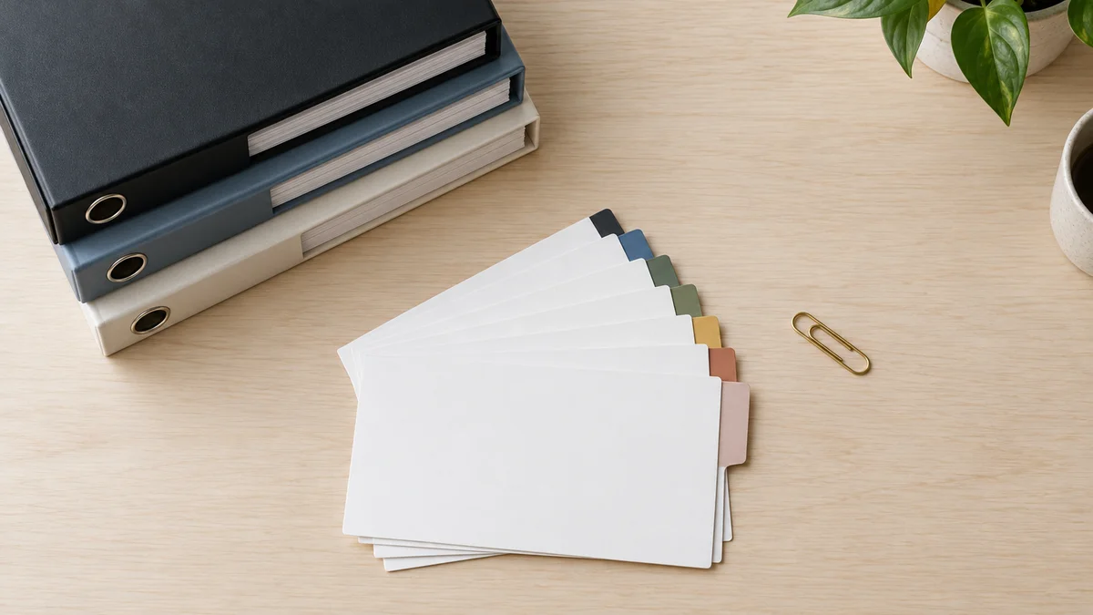 Stacked blank binders with tabbed index card dividers on a light desk, representing context stored in a system