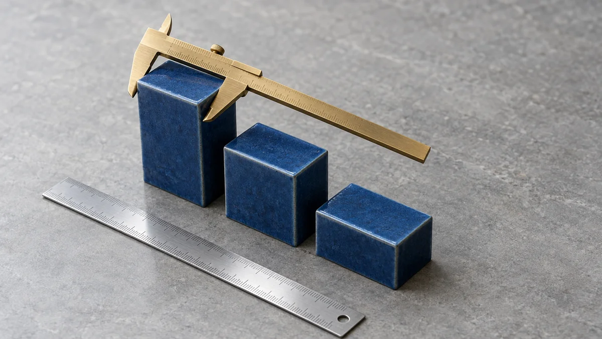 A brass caliper resting across the tallest of three blue tiles of descending height beside a steel ruler