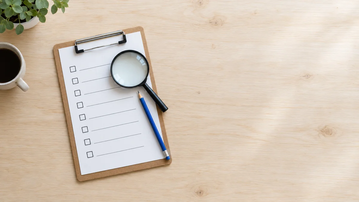 A clipboard with blank tick boxes beside a magnifying loupe and a blue pencil on a pale wooden table