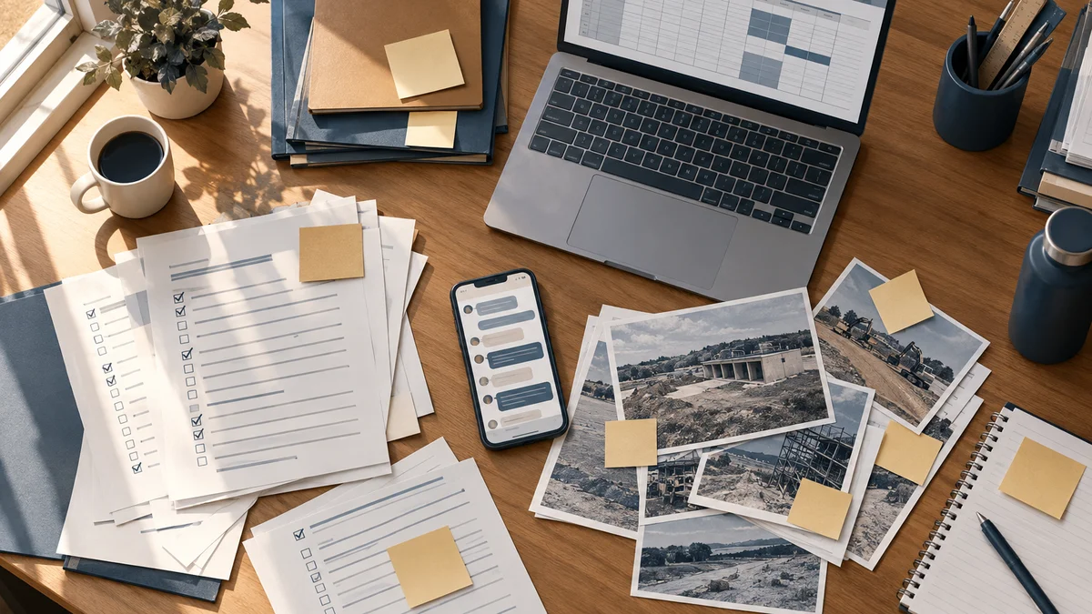 Stacked paper audit checklists, a laptop with a spreadsheet and a phone with a chat thread on a cluttered desk