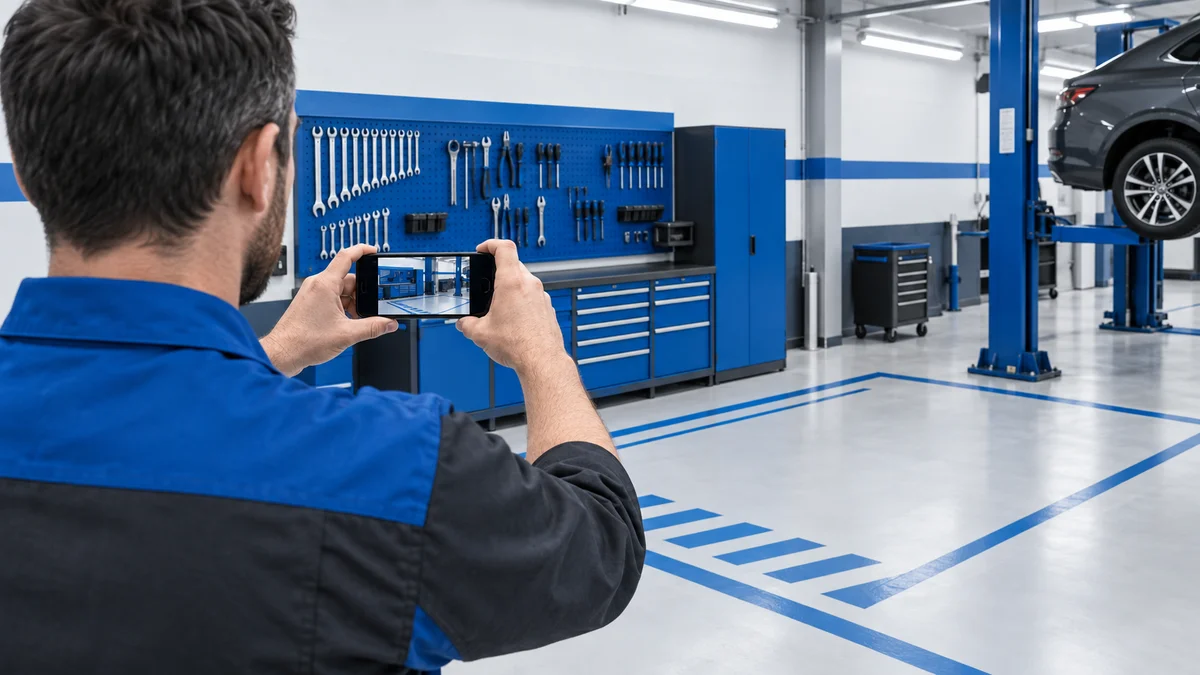 Dealer staff photographing a service bay wall with a phone to complete a self-assessment checklist